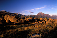 Glacial erratics on the banks of Loch Maree and Slioch at sunset